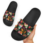 Blossom Flowers Skull Pattern Print Black Slide Sandals