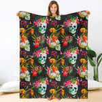 Blossom Flowers Skull Pattern Print Blanket