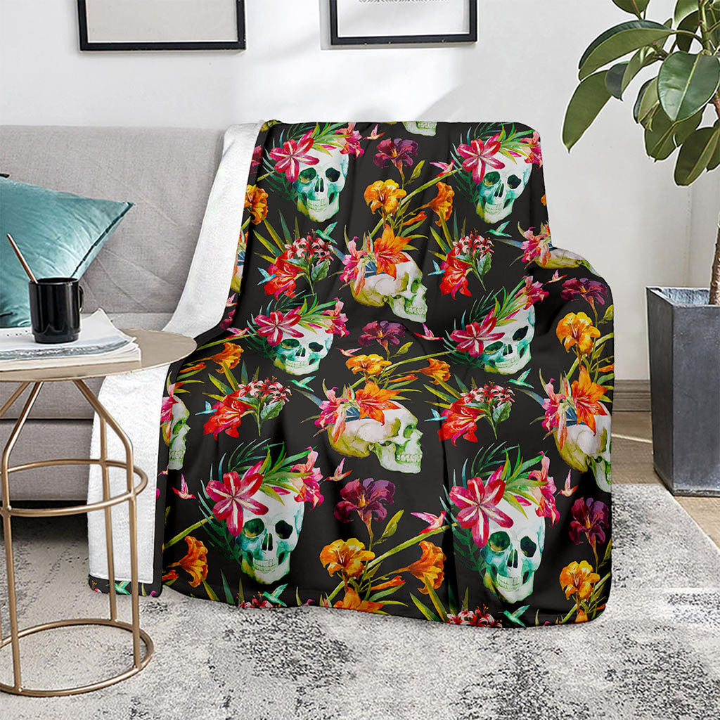 Blossom Flowers Skull Pattern Print Blanket