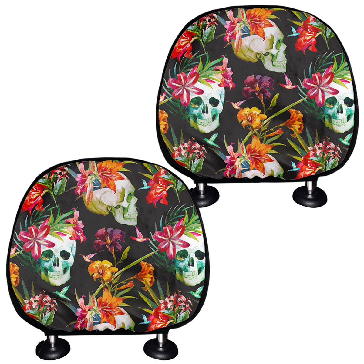 Blossom Flowers Skull Pattern Print Car Headrest Covers