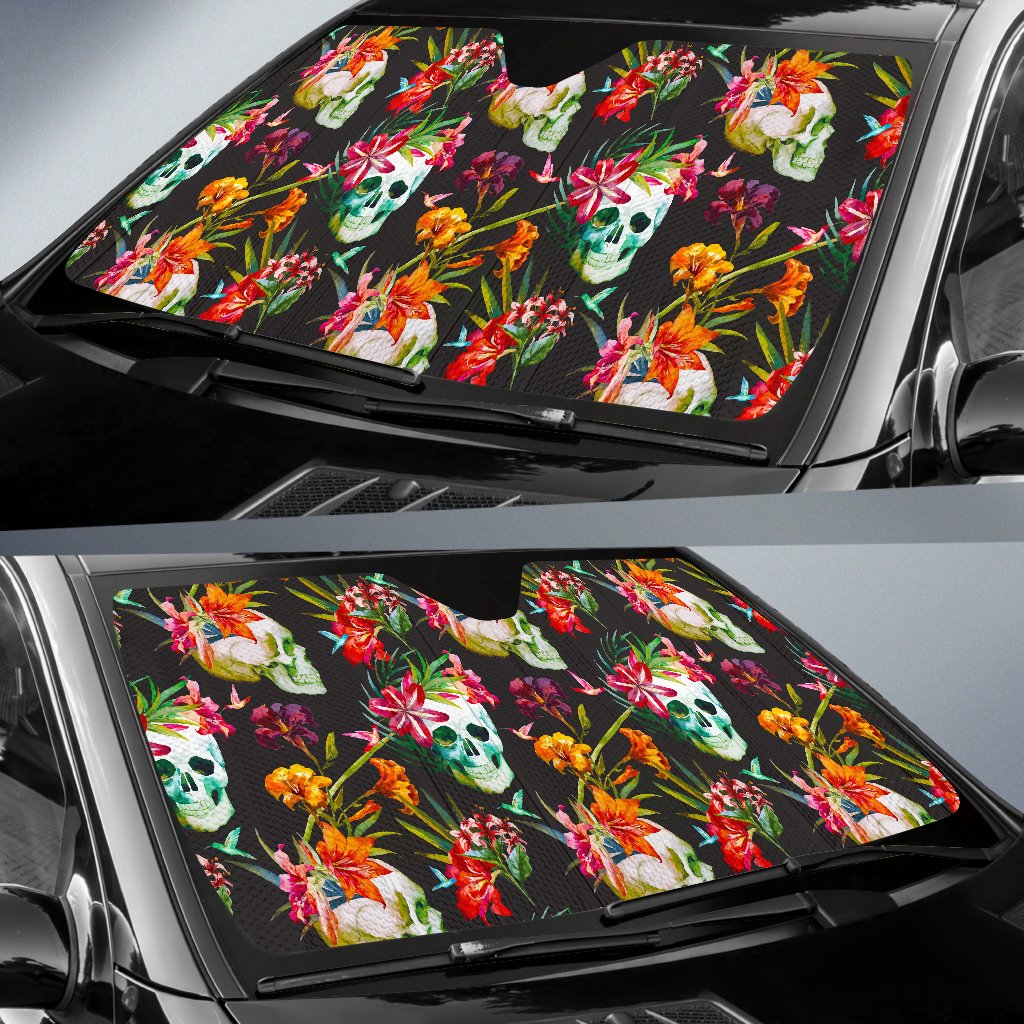 Blossom Flowers Skull Pattern Print Car Sun Shade GearFrost