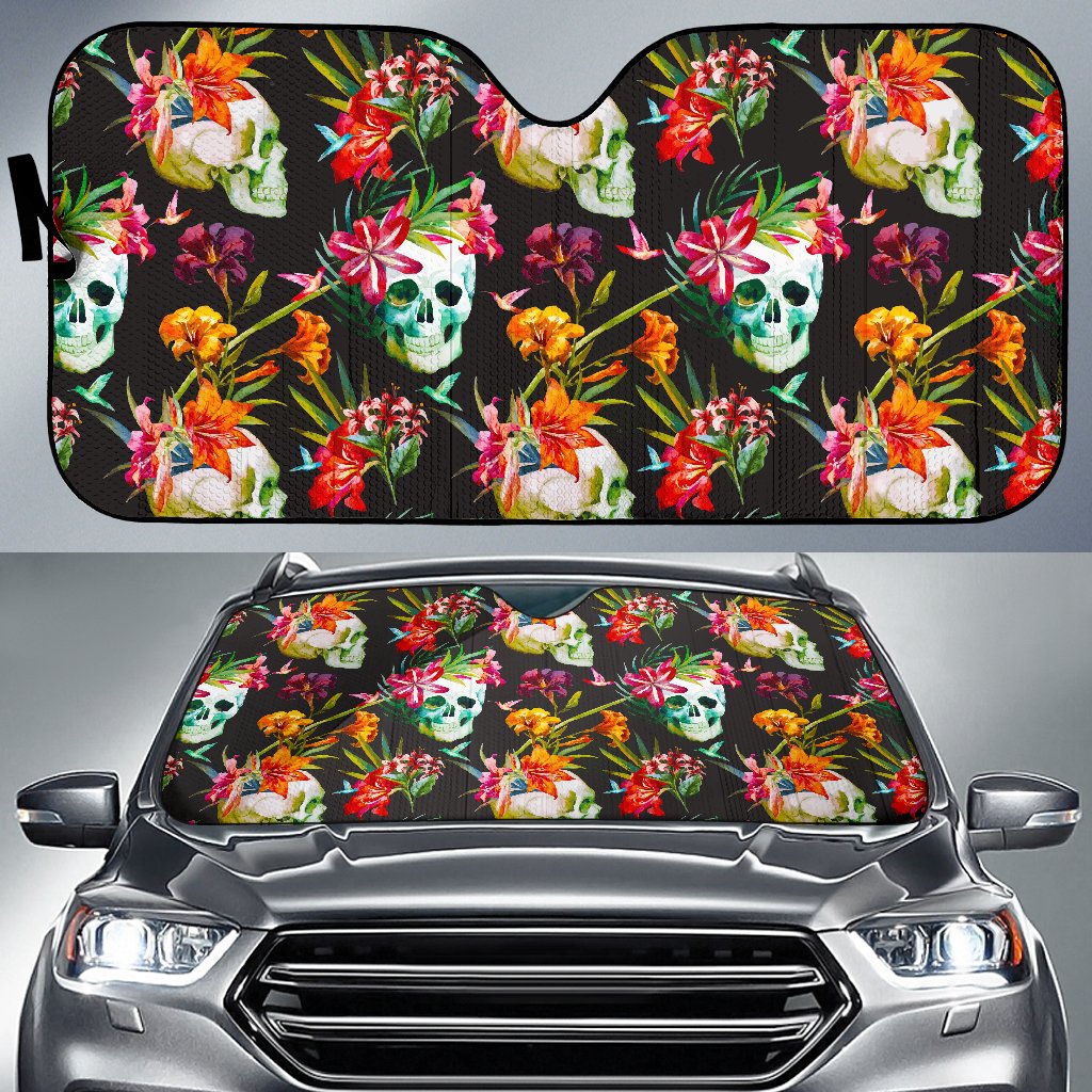 Blossom Flowers Skull Pattern Print Car Sun Shade GearFrost