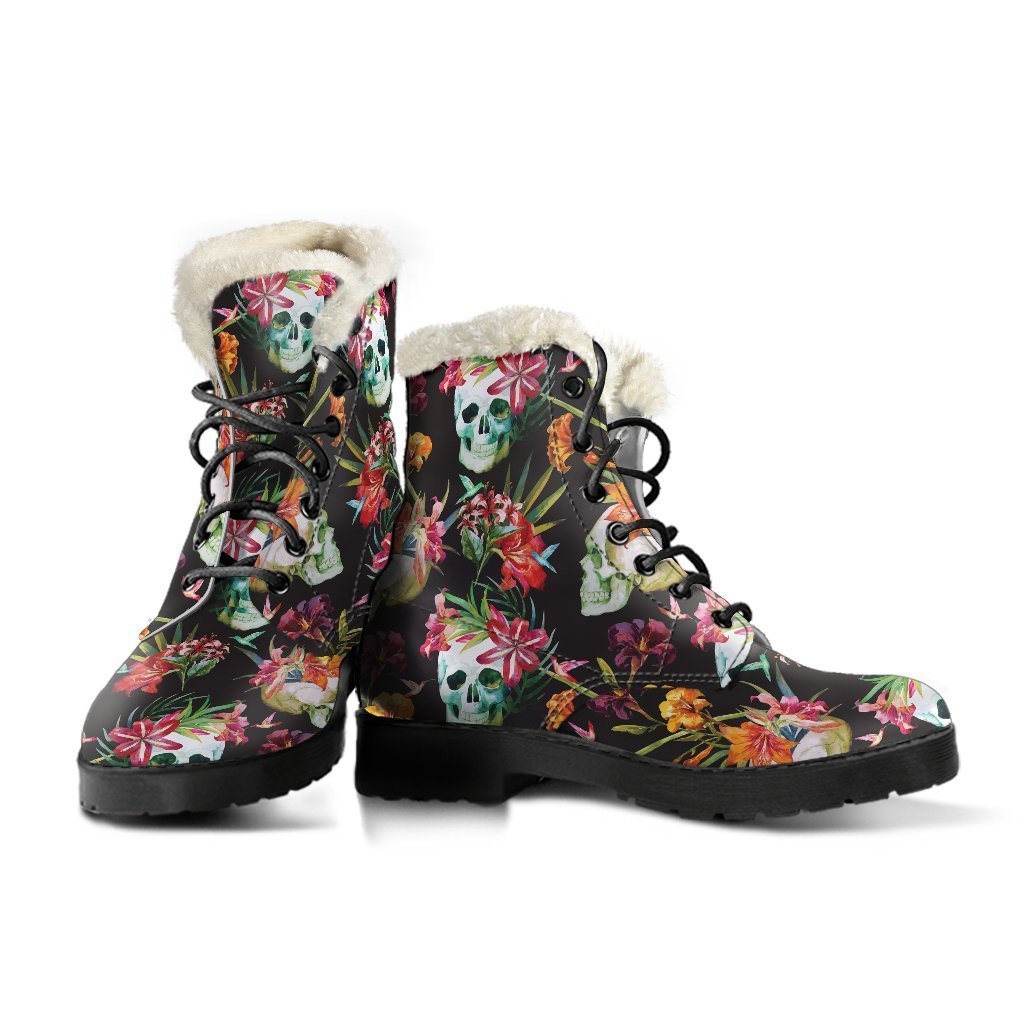 Blossom Flowers Skull Pattern Print Comfy Boots GearFrost
