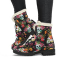 Blossom Flowers Skull Pattern Print Faux Fur Leather Boots