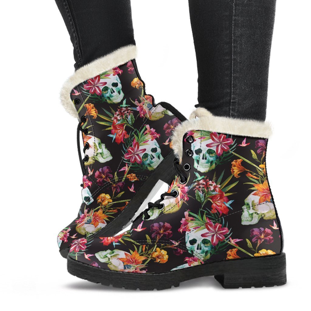 Blossom Flowers Skull Pattern Print Comfy Boots GearFrost