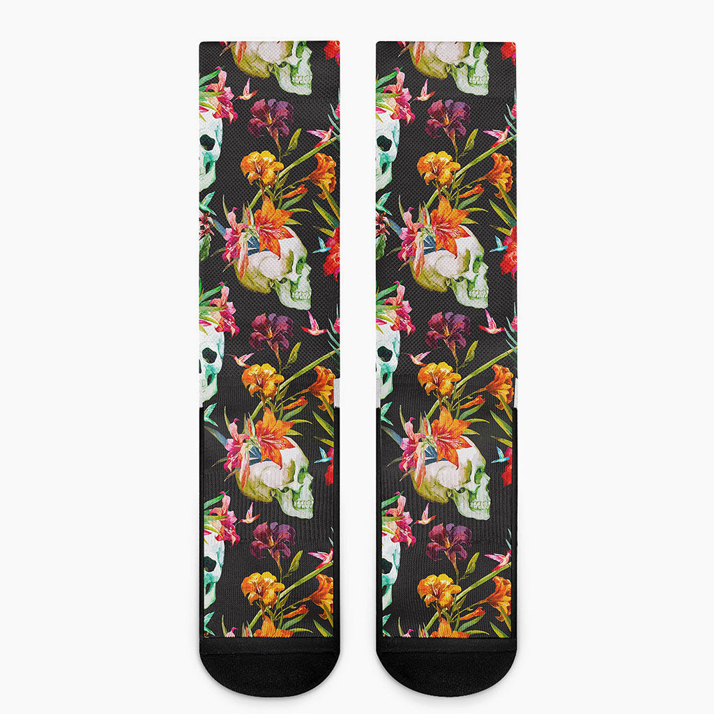 Blossom Flowers Skull Pattern Print Crew Socks