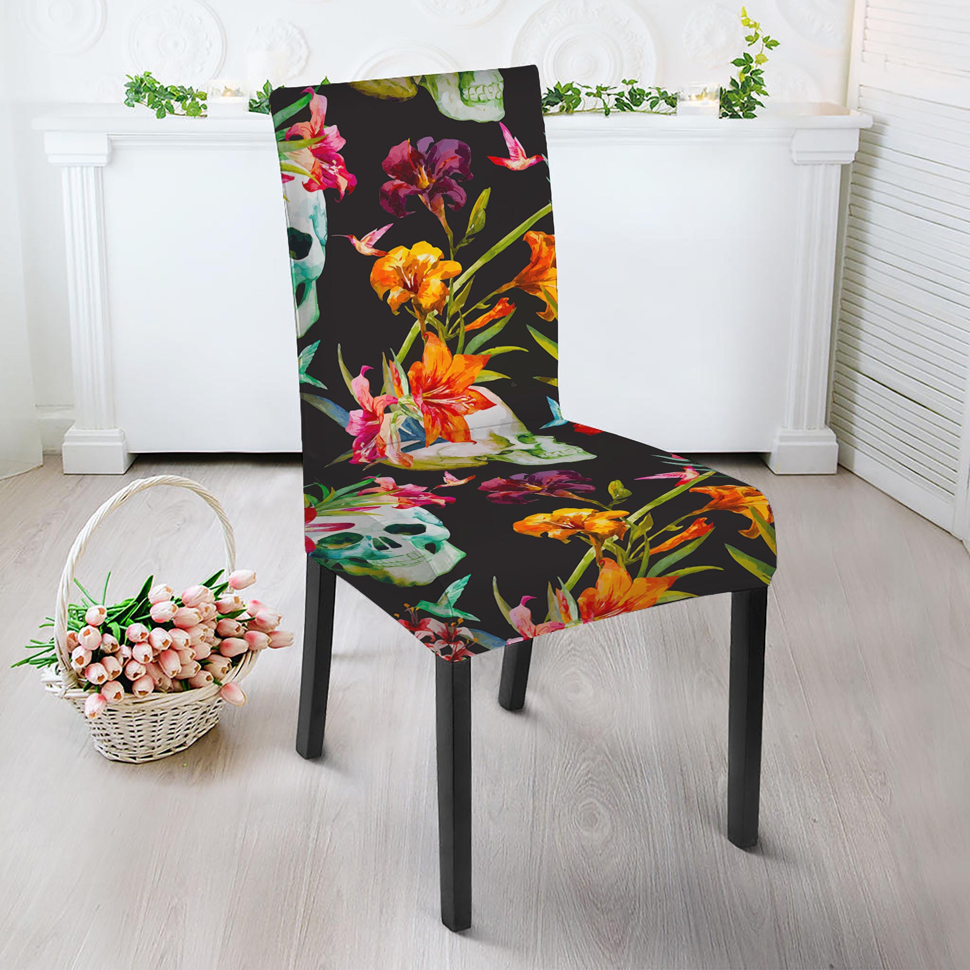 Blossom Flowers Skull Pattern Print Dining Chair Slipcover