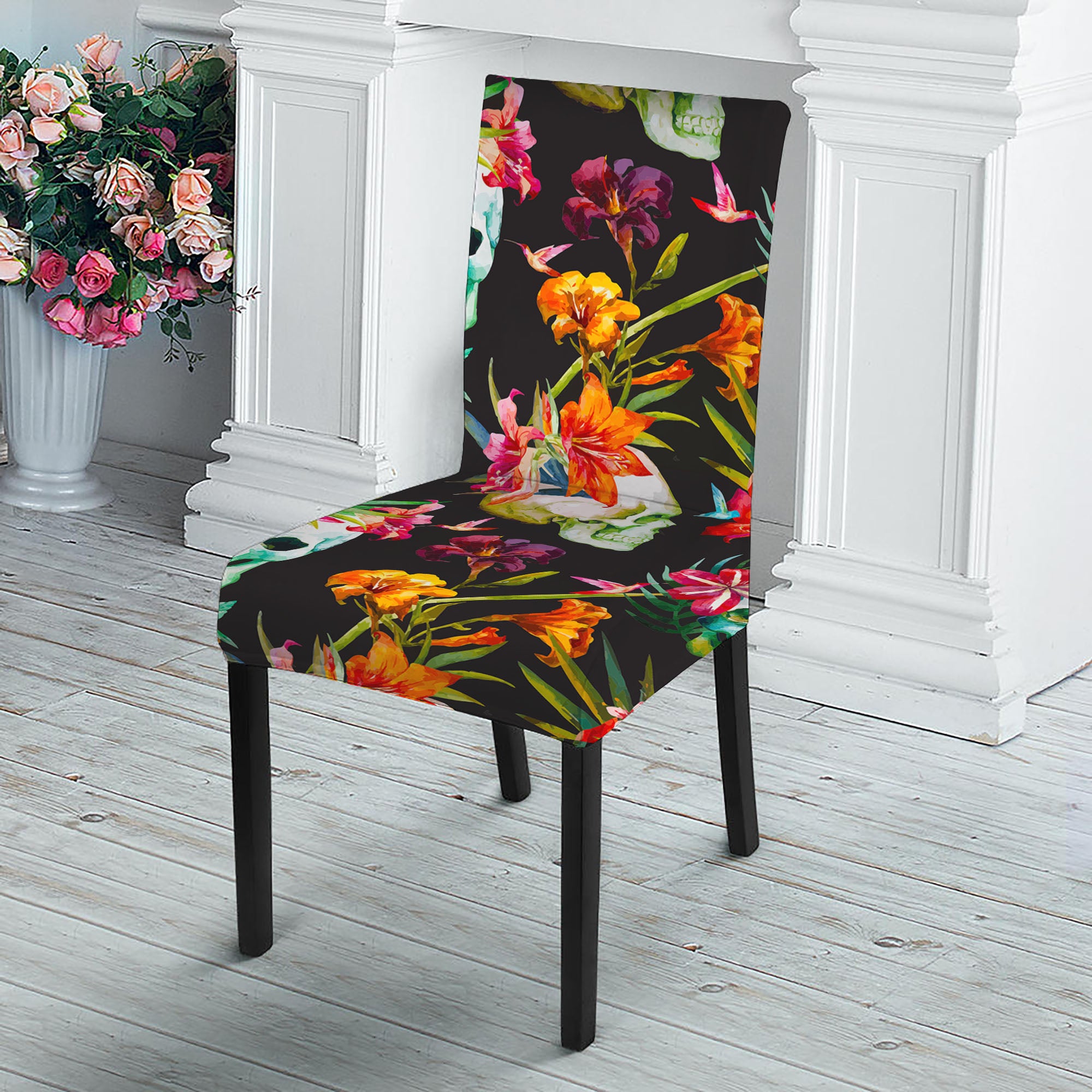 Blossom Flowers Skull Pattern Print Dining Chair Slipcover