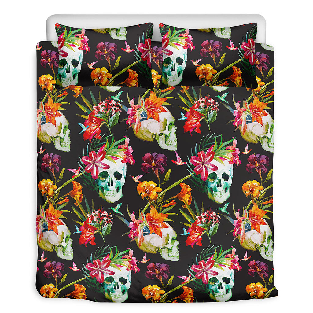 Blossom Flowers Skull Pattern Print Duvet Cover Bedding Set