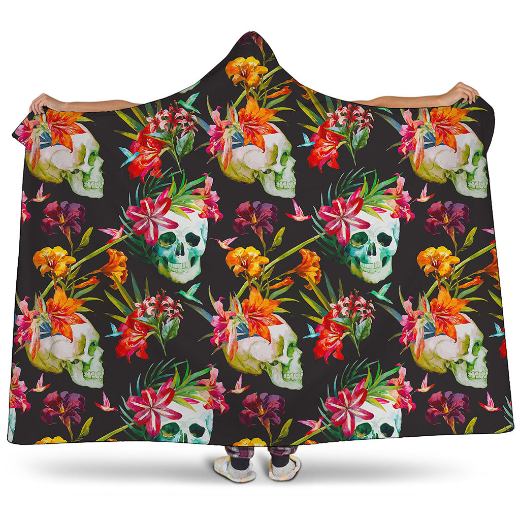 Blossom Flowers Skull Pattern Print Hooded Blanket