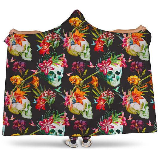 Blossom Flowers Skull Pattern Print Hooded Blanket