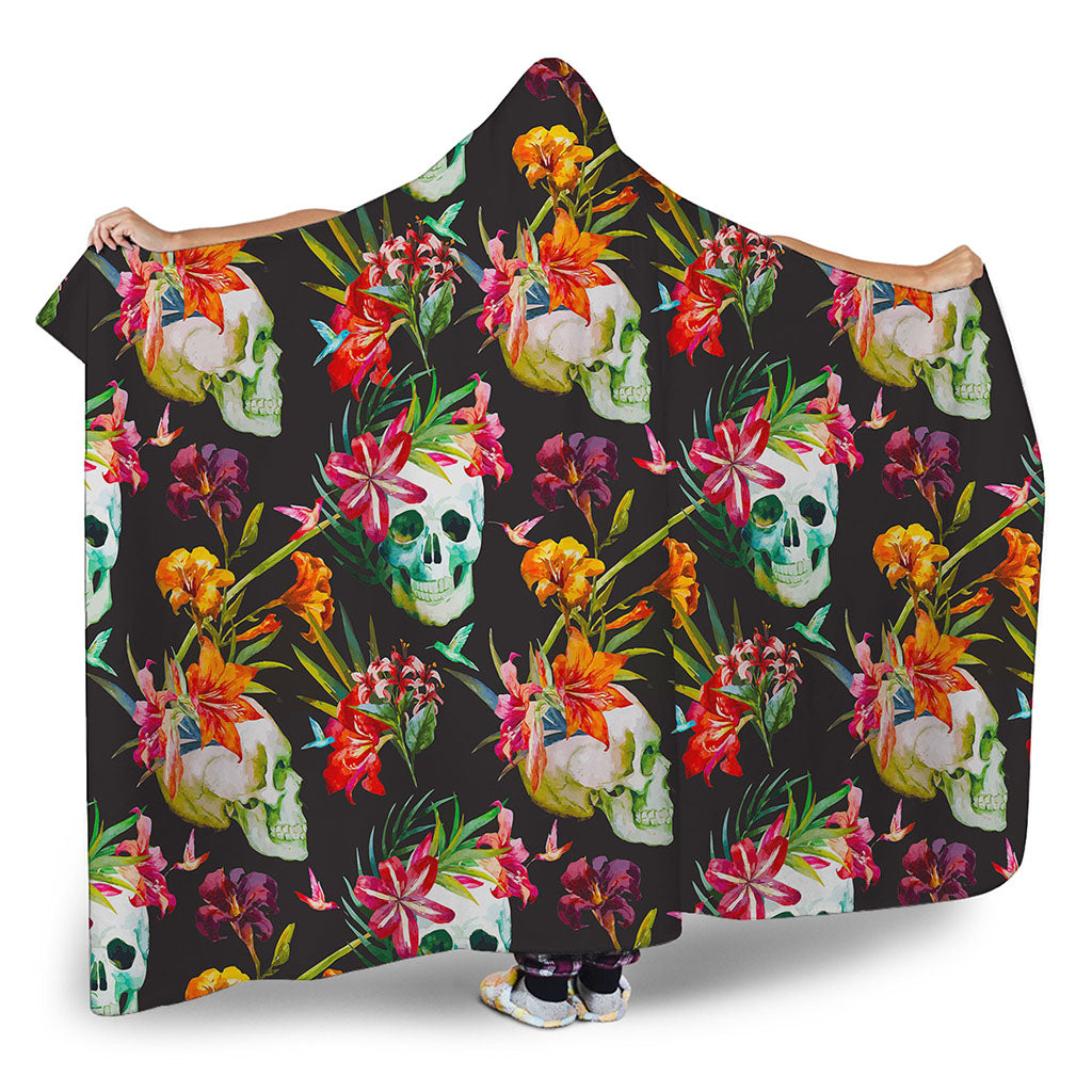 Blossom Flowers Skull Pattern Print Hooded Blanket