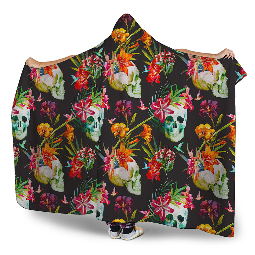 Blossom Flowers Skull Pattern Print Hooded Blanket