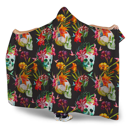 Blossom Flowers Skull Pattern Print Hooded Blanket