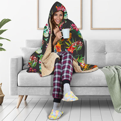 Blossom Flowers Skull Pattern Print Hooded Blanket