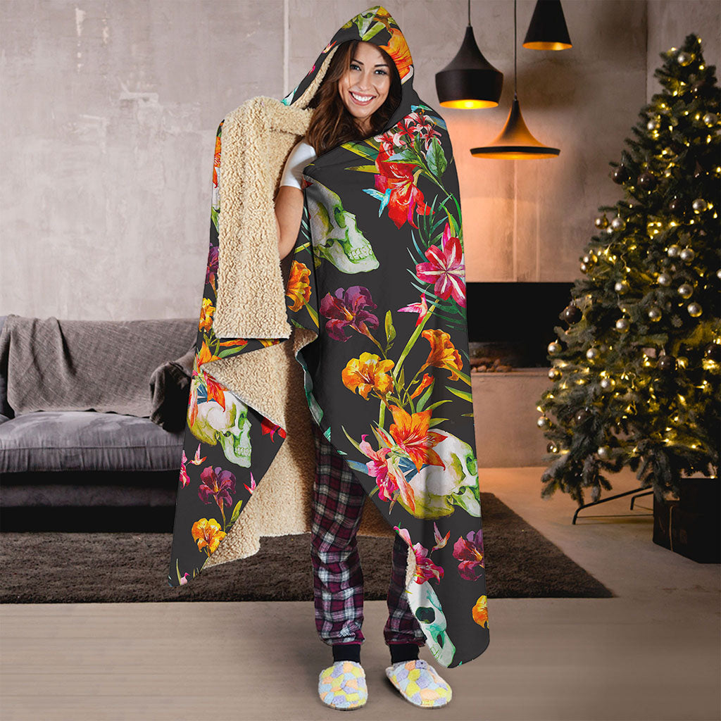 Blossom Flowers Skull Pattern Print Hooded Blanket