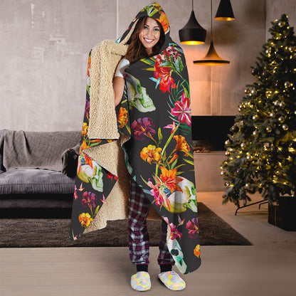 Blossom Flowers Skull Pattern Print Hooded Blanket