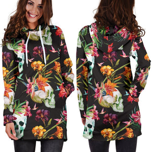 Blossom Flowers Skull Pattern Print Hoodie Dress GearFrost