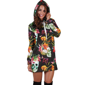 Blossom Flowers Skull Pattern Print Hoodie Dress GearFrost