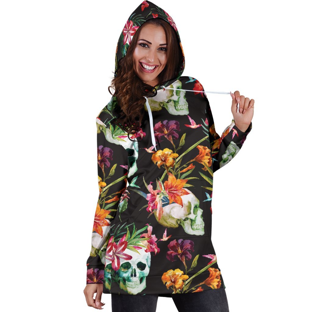 Blossom Flowers Skull Pattern Print Hoodie Dress GearFrost