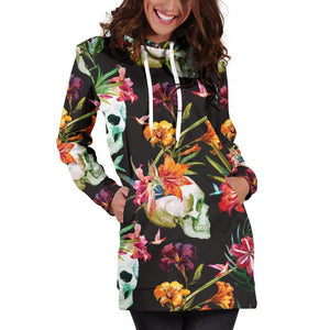 Blossom Flowers Skull Pattern Print Hoodie Dress GearFrost