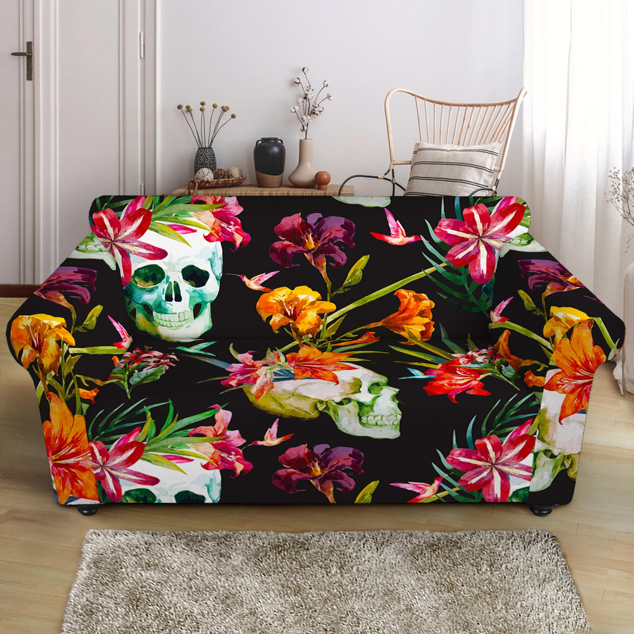 Blossom Flowers Skull Pattern Print Loveseat Slipcover