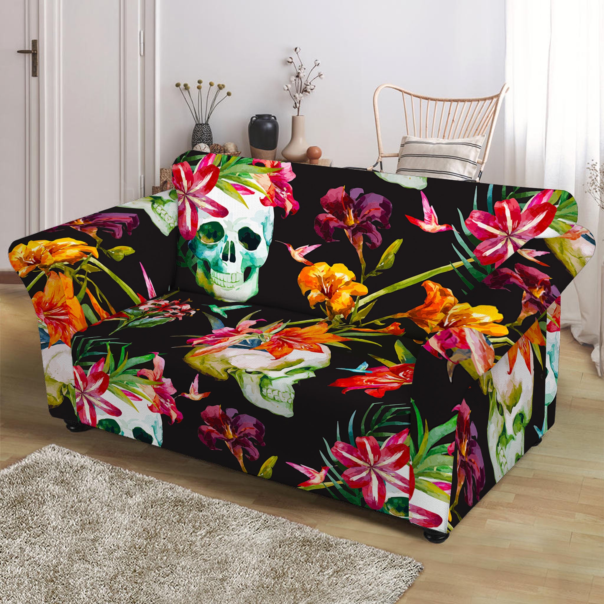 Blossom Flowers Skull Pattern Print Loveseat Slipcover