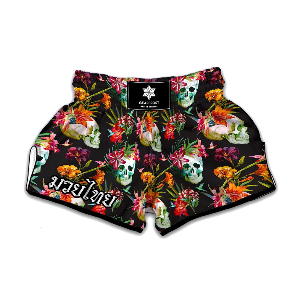 Blossom Flowers Skull Pattern Print Muay Thai Boxing Shorts