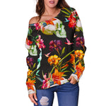 Blossom Flowers Skull Pattern Print Off Shoulder Sweatshirt GearFrost