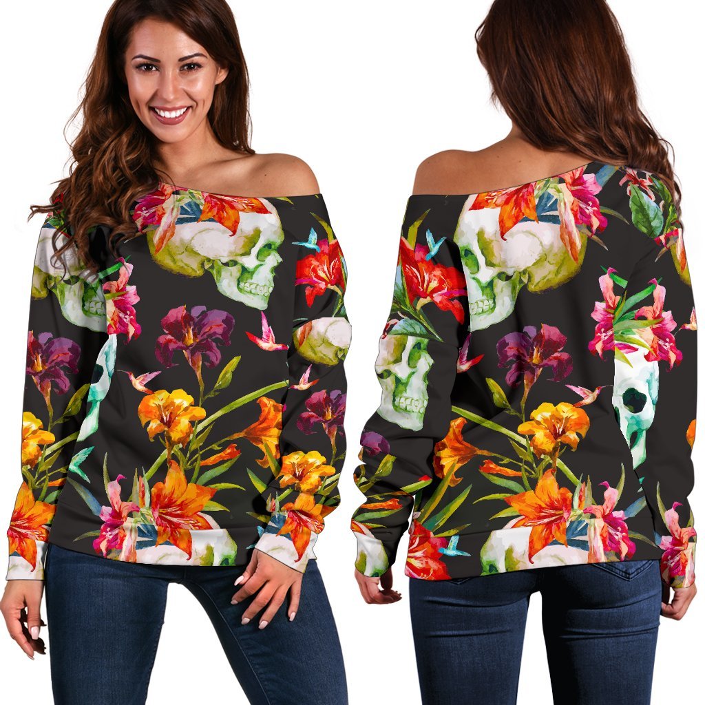 Blossom Flowers Skull Pattern Print Off Shoulder Sweatshirt GearFrost