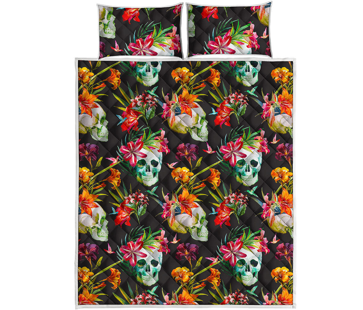 Blossom Flowers Skull Pattern Print Quilt Bed Set