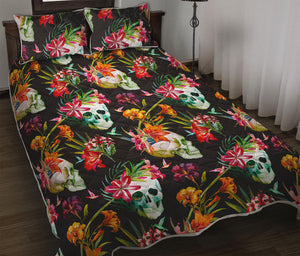 Blossom Flowers Skull Pattern Print Quilt Bed Set