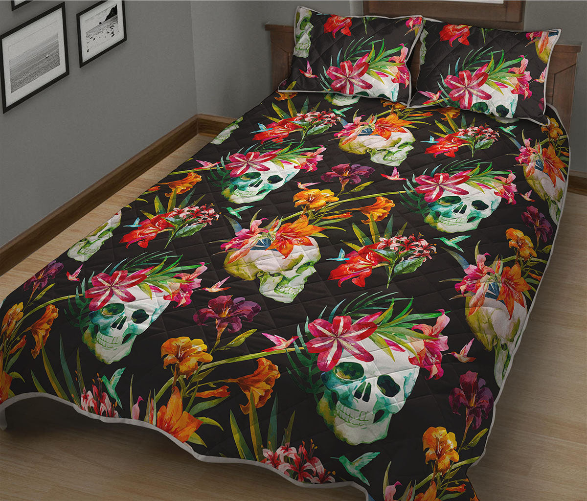 Blossom Flowers Skull Pattern Print Quilt Bed Set