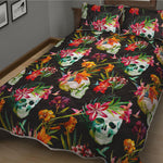 Blossom Flowers Skull Pattern Print Quilt Bed Set