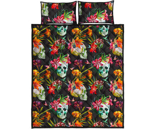 Blossom Flowers Skull Pattern Print Quilt Bed Set