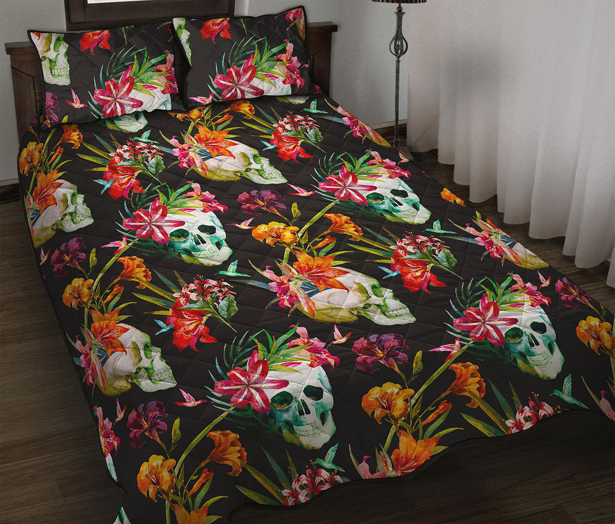 Blossom Flowers Skull Pattern Print Quilt Bed Set