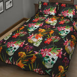 Blossom Flowers Skull Pattern Print Quilt Bed Set