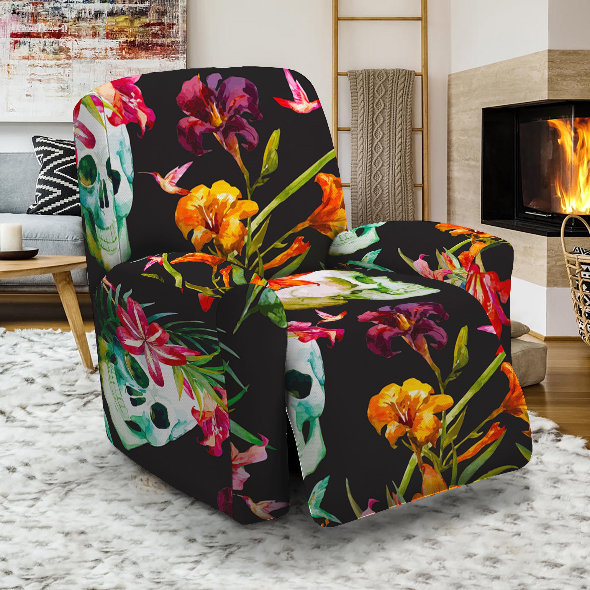 Blossom Flowers Skull Pattern Print Recliner Slipcover