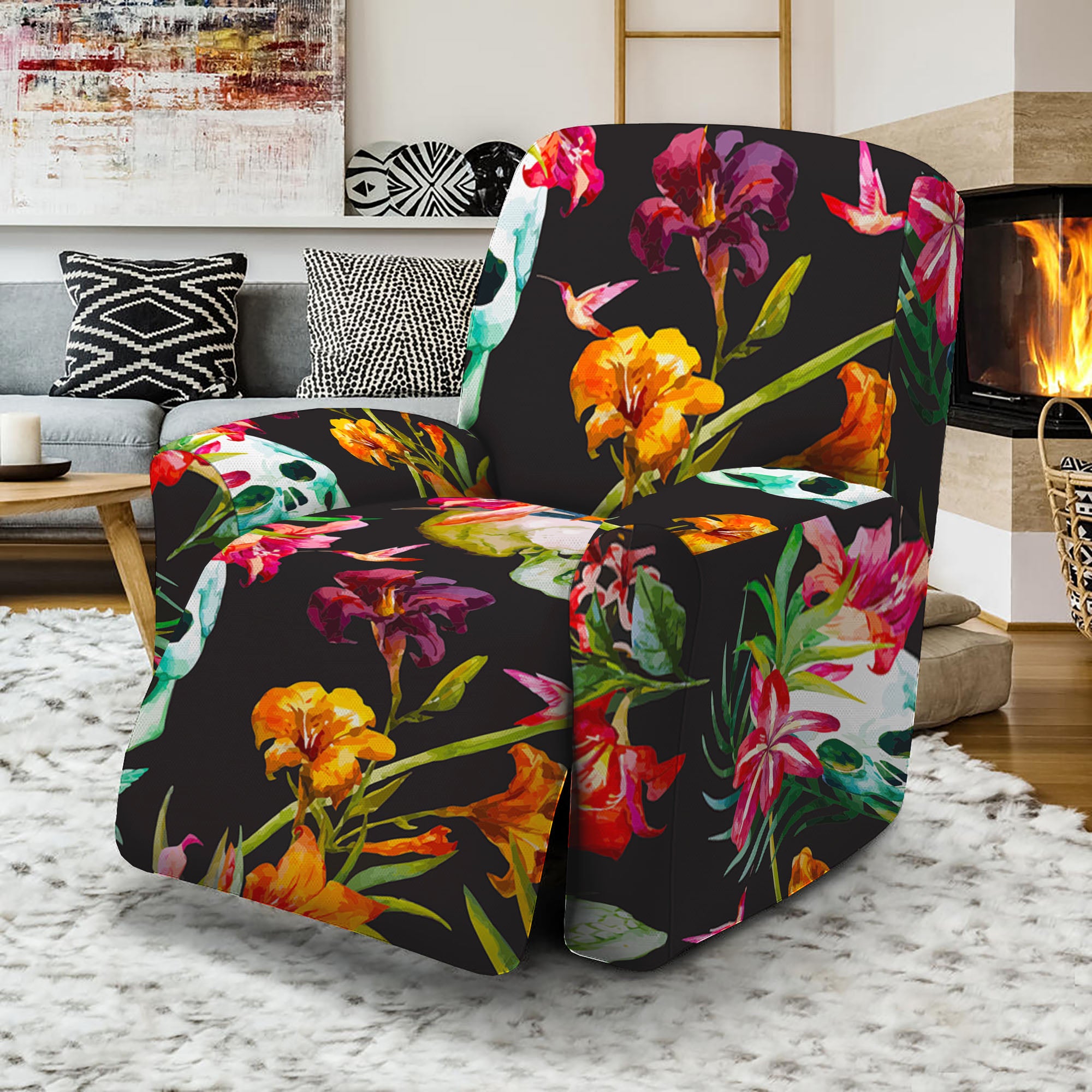 Blossom Flowers Skull Pattern Print Recliner Slipcover