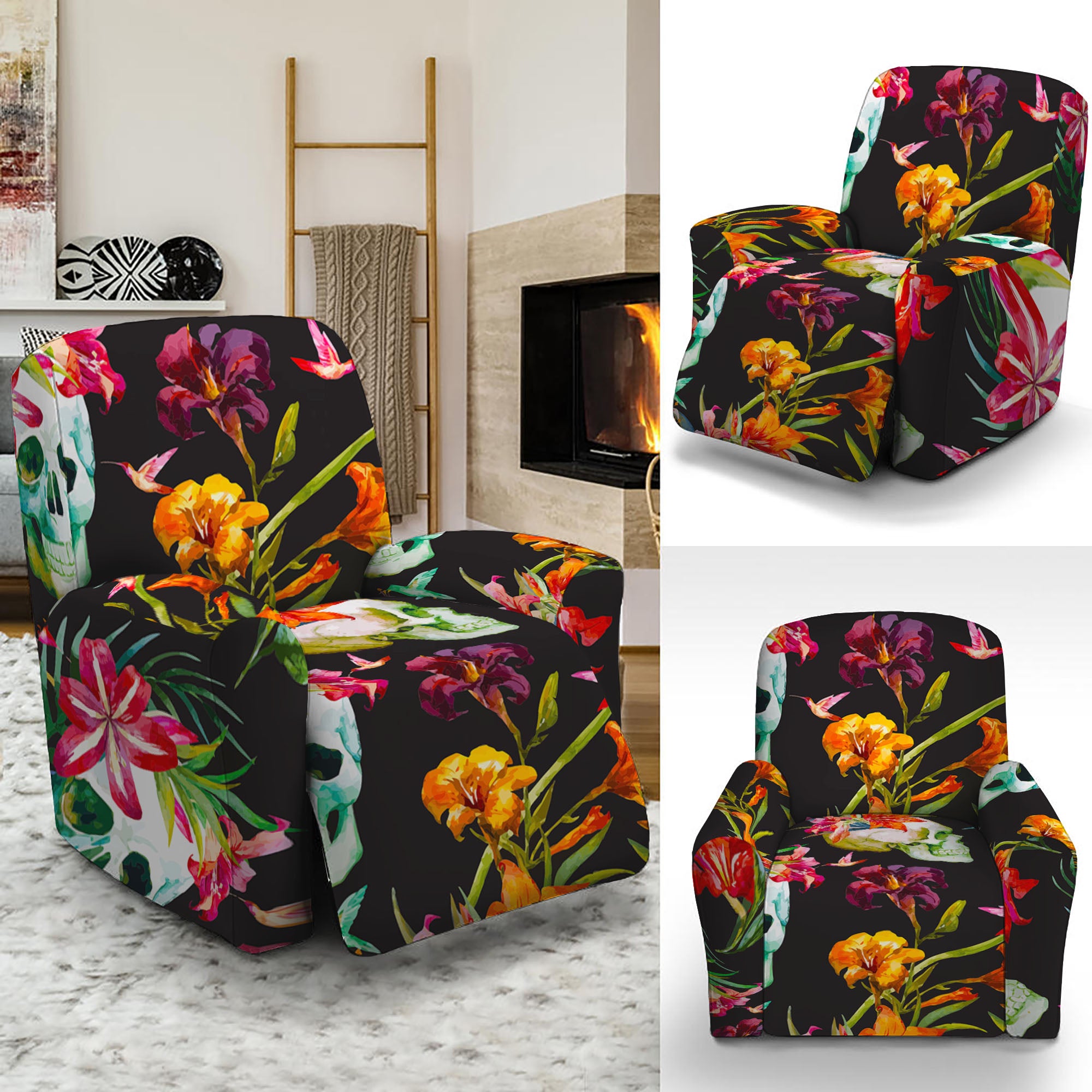 Blossom Flowers Skull Pattern Print Recliner Slipcover