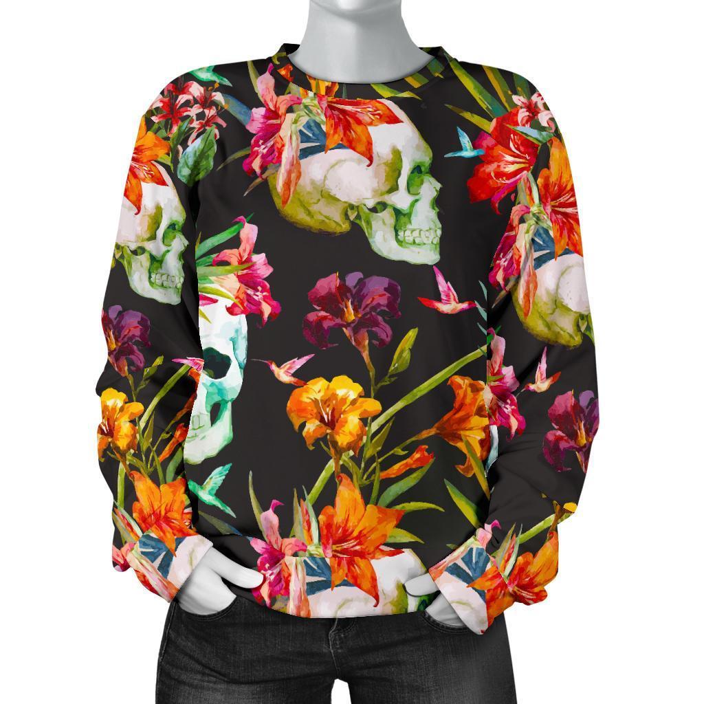 Blossom Flowers Skull Pattern Print Women's Crewneck Sweatshirt GearFrost