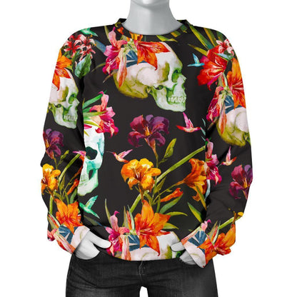 Blossom Flowers Skull Pattern Print Women's Crewneck Sweatshirt GearFrost