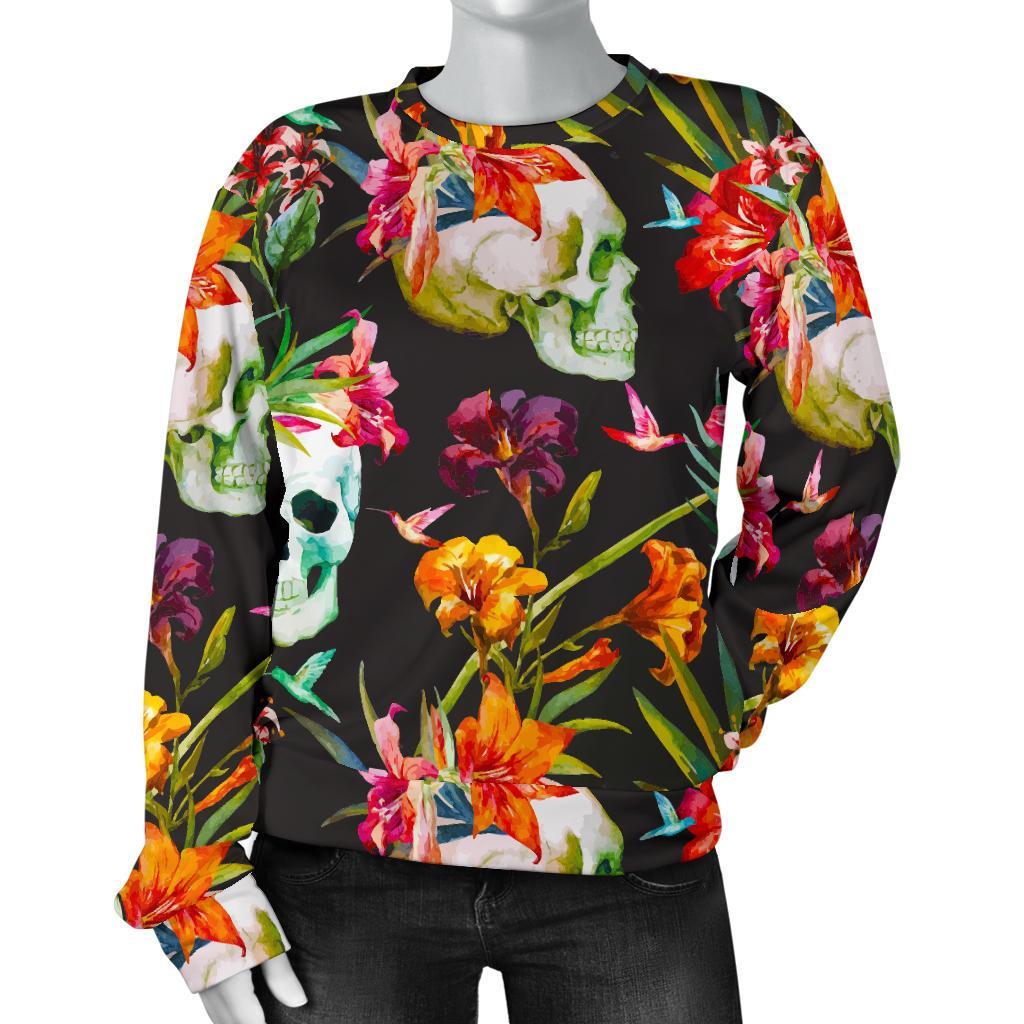 Blossom Flowers Skull Pattern Print Women's Crewneck Sweatshirt GearFrost