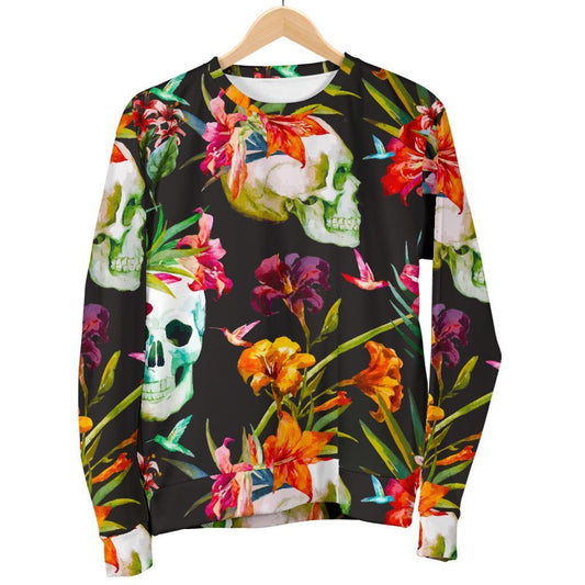 Blossom Flowers Skull Pattern Print Women's Crewneck Sweatshirt GearFrost