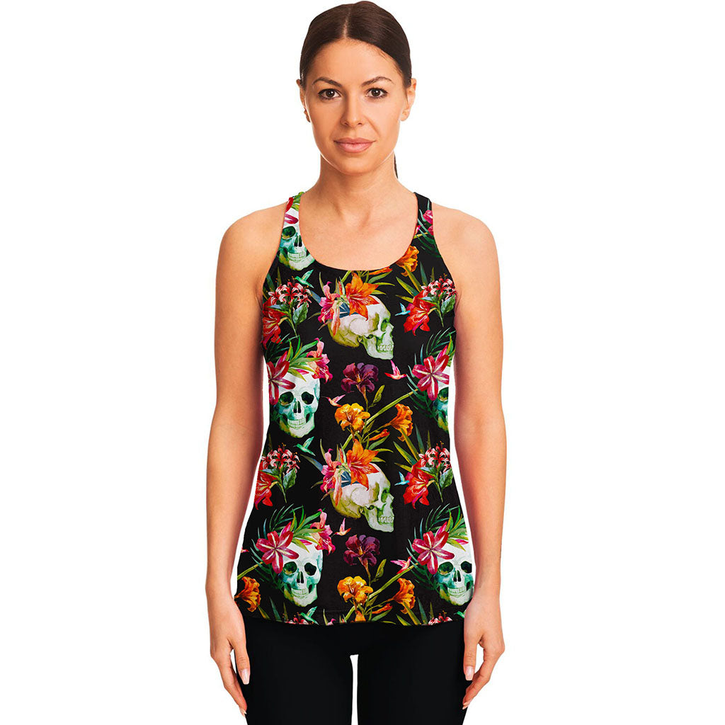 Blossom Flowers Skull Pattern Print Women's Racerback Tank Top