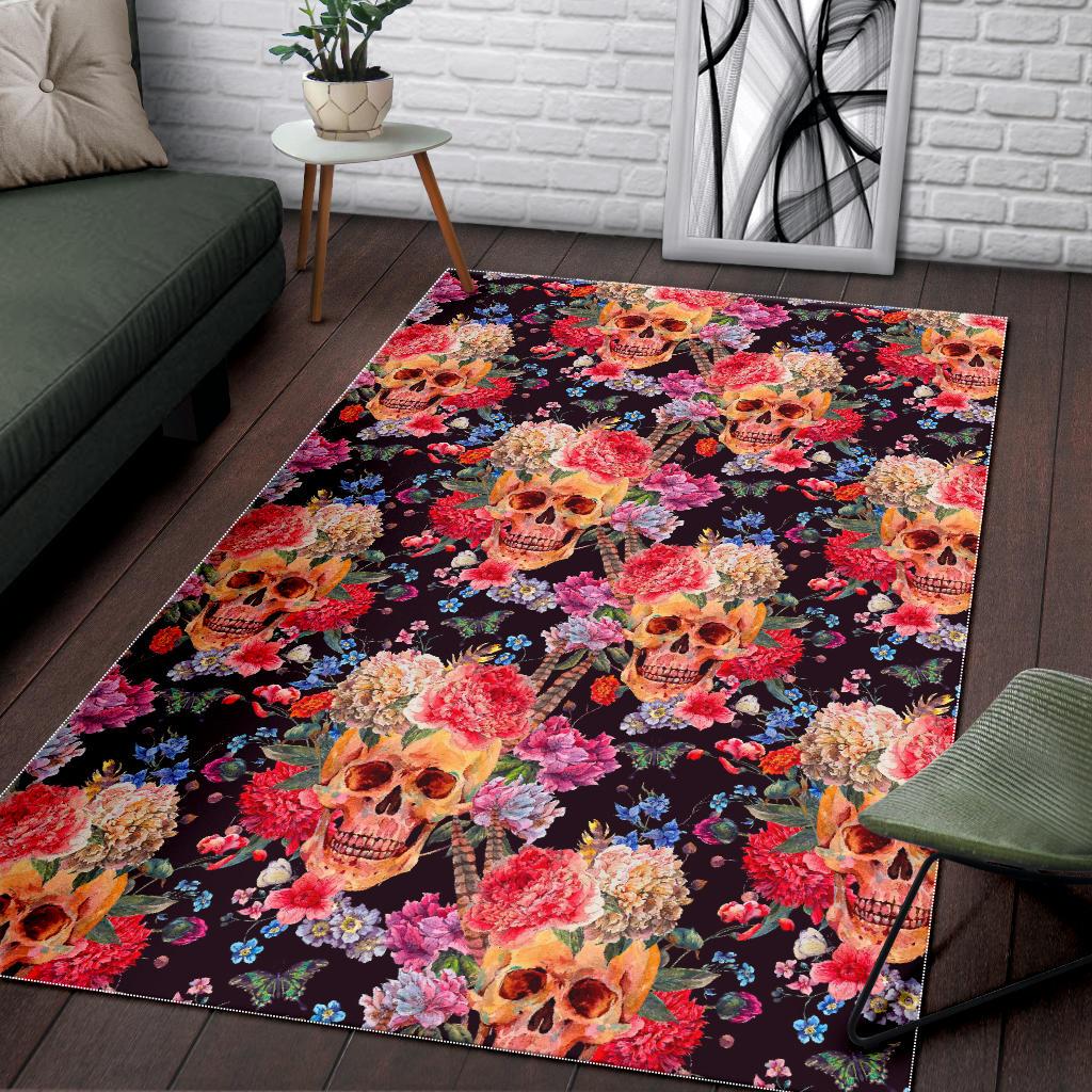 Blossom Peony Skull Pattern Print Area Rug GearFrost