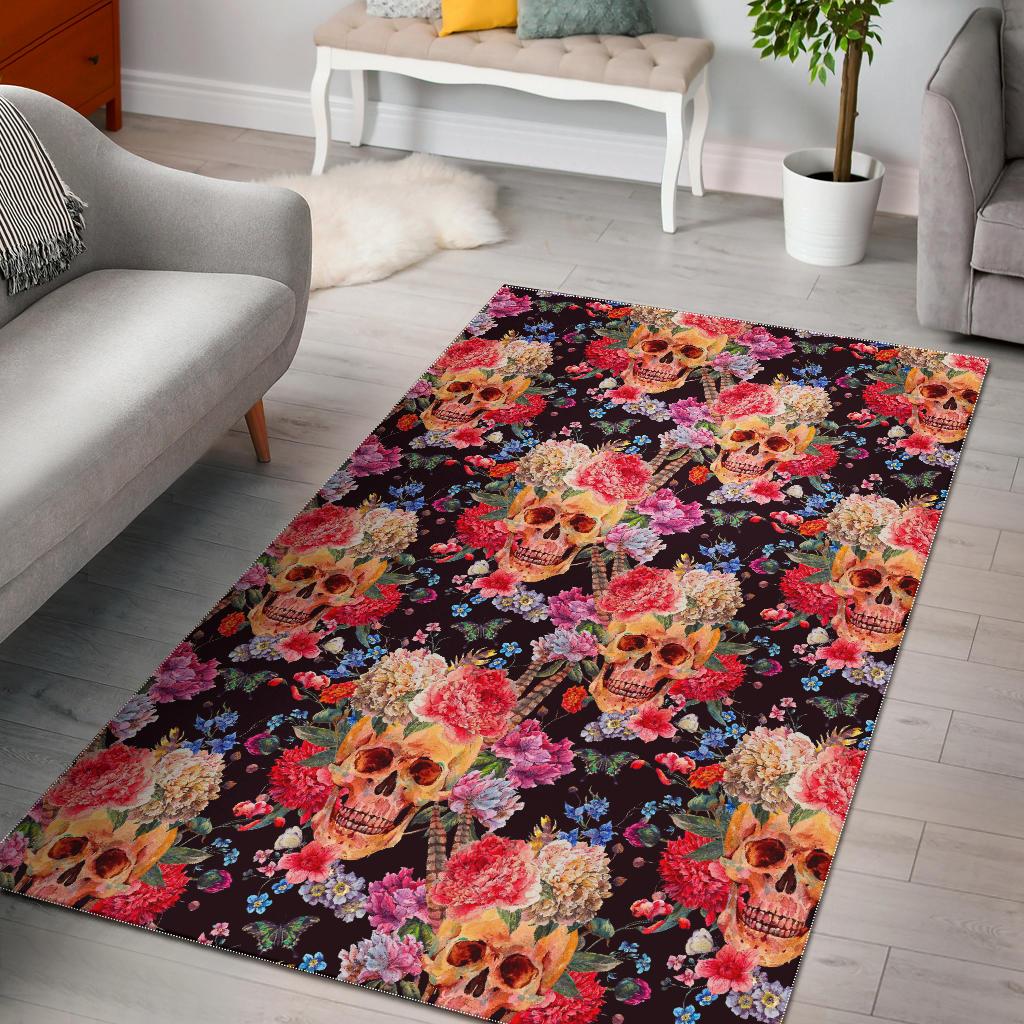 Blossom Peony Skull Pattern Print Area Rug GearFrost