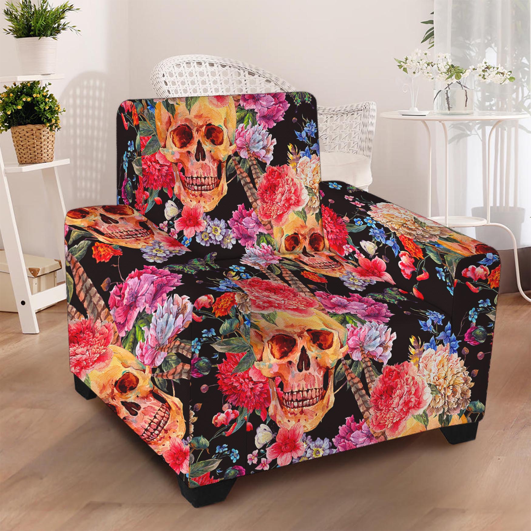 Blossom Peony Skull Pattern Print Armchair Slipcover