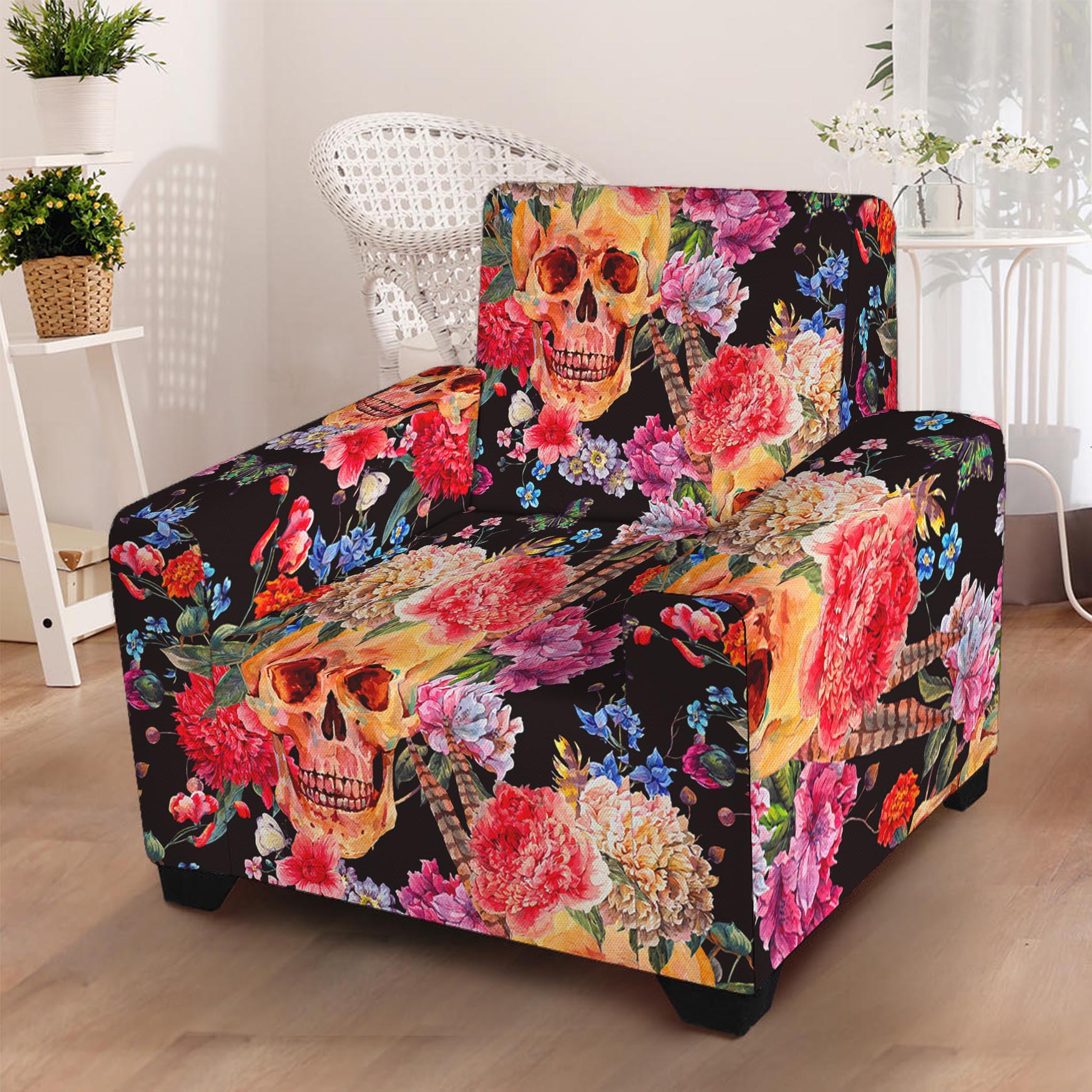 Blossom Peony Skull Pattern Print Armchair Slipcover