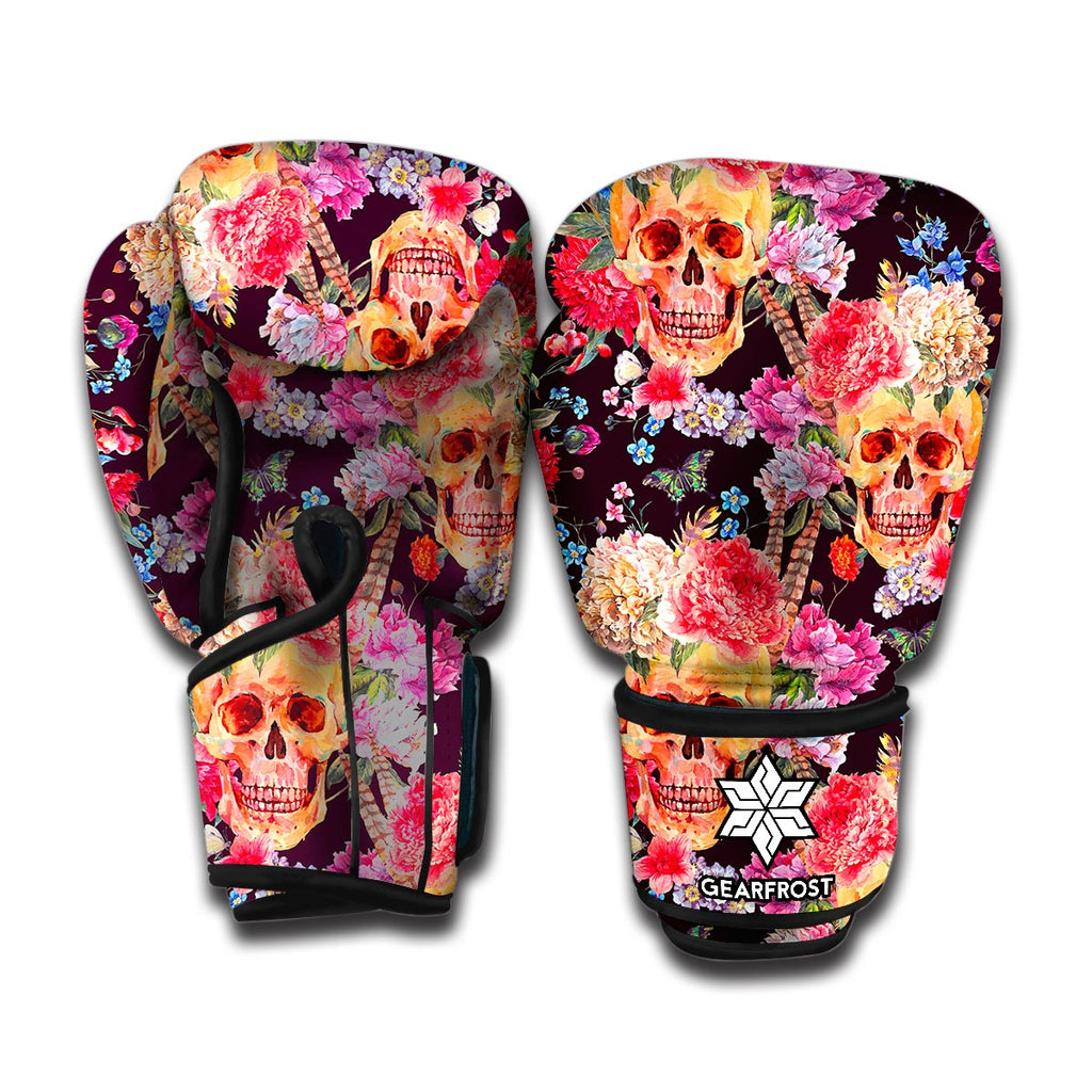 Blossom Peony Skull Pattern Print Boxing Gloves